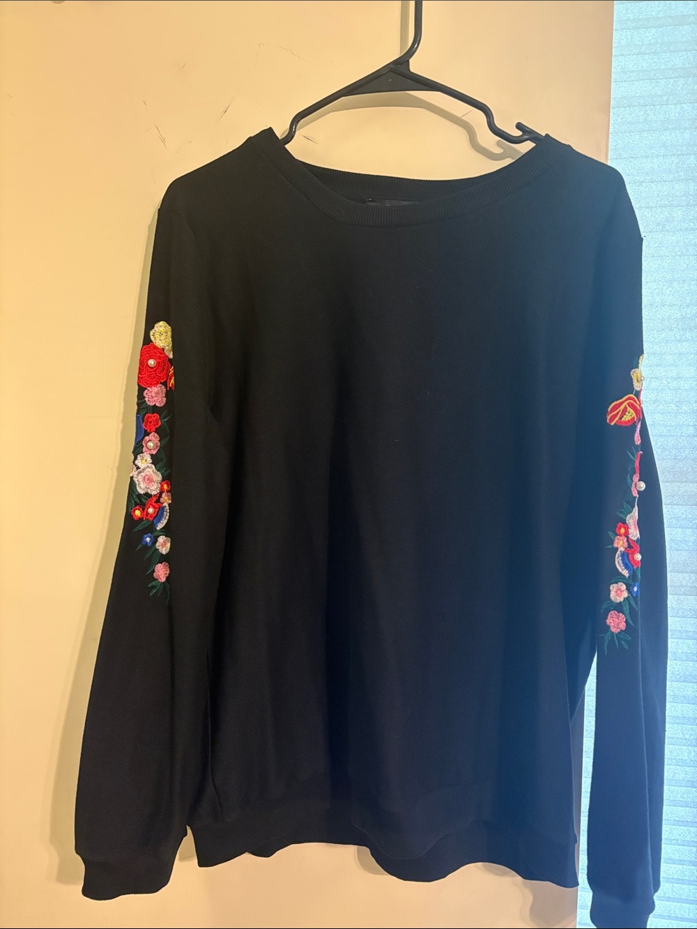august silk Black Sweatshirt with Floral Embroidered Sleeves